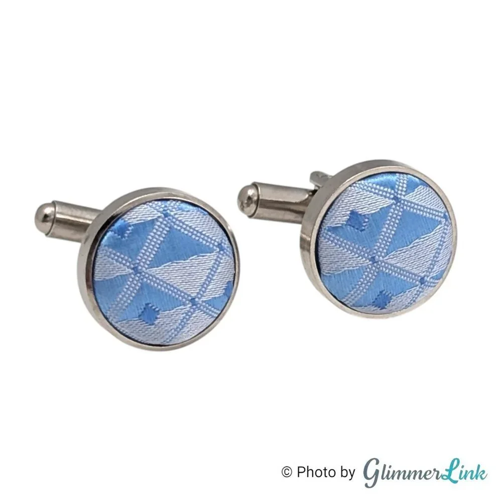 Silver Tone Round Fabric Cufflinks Blue Geometric Pattern Bullet Back